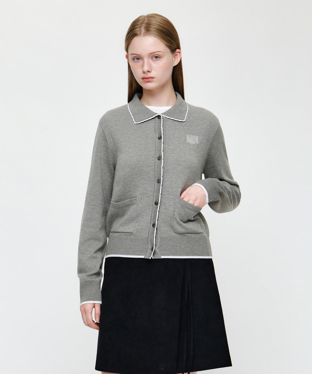 Marithe & Francois Girbaud - Small Classic Logo Collar Lace Trimming Cardigan (Melange Gray) product image 1 | TRAB K-Fashion Australia