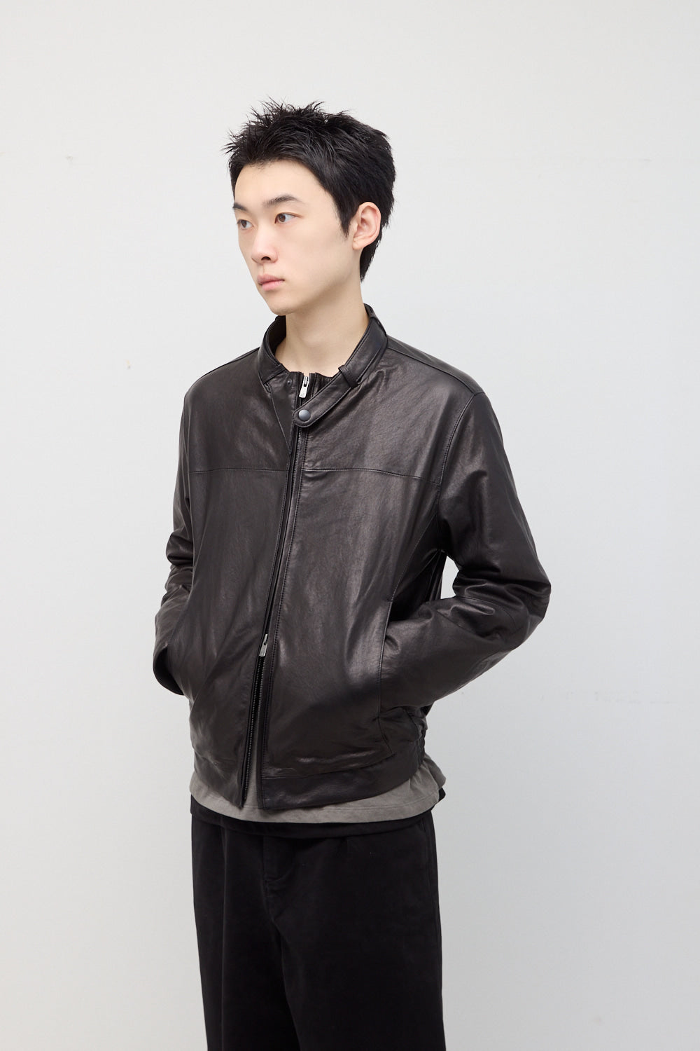 Hatchingroom - Stand Collar Leather Jacket Lamb Skin (Black) product image 8 | TRAB K-Fashion Australia