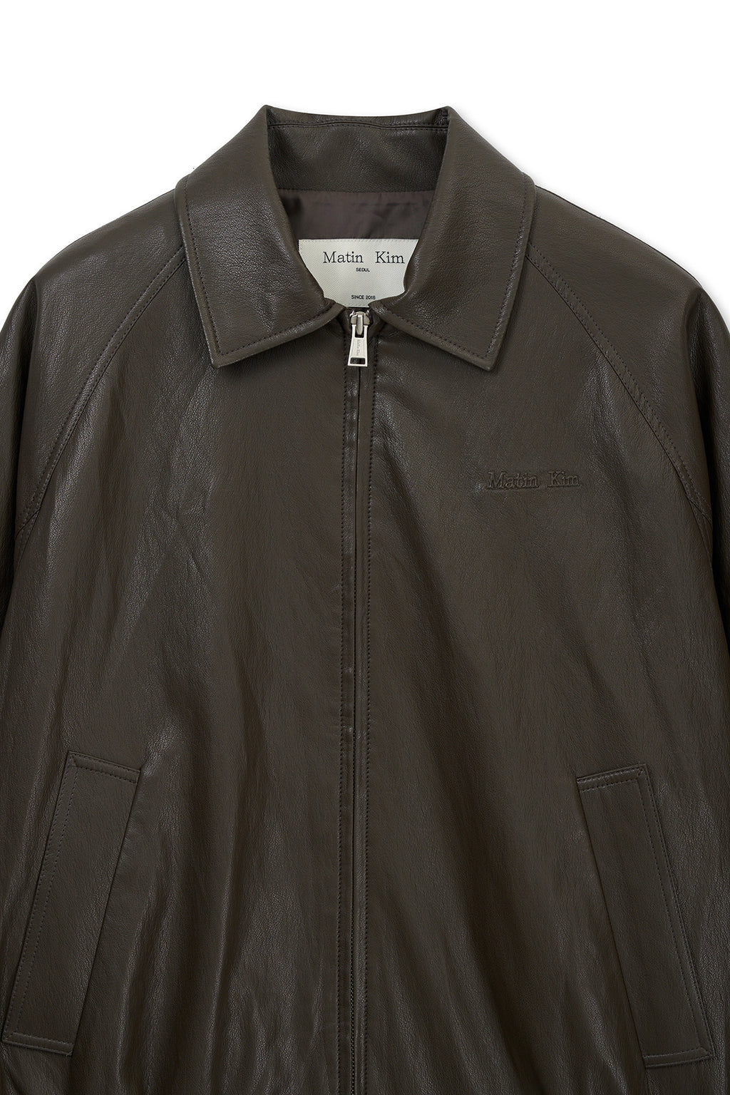 Matin Kim - Small Logo Faux Leather Zip Up Jumper (Brown) product image 3 | TRAB K-Fashion Australia