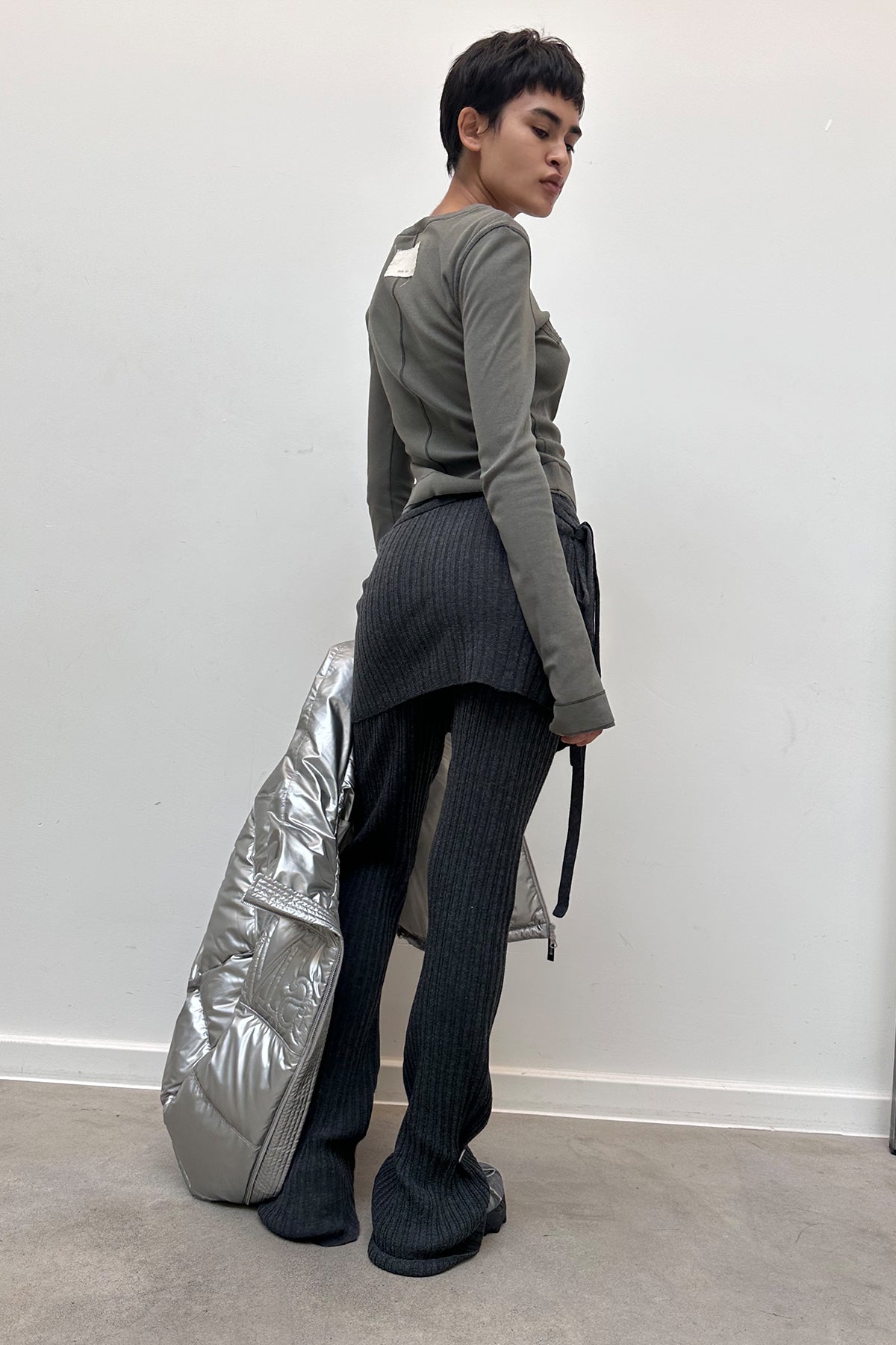 Matin Kim - Layered Knit Boots Cut Pants (Charcoal) product image 7 | TRAB K-Fashion Australia