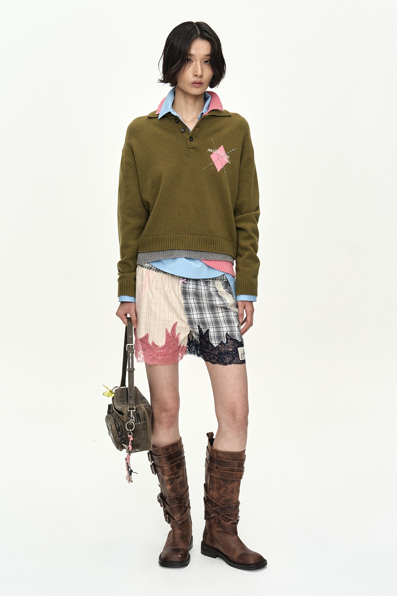 Andersson Bell - Lace & Check Embroidered Boxer Shorts (Pink/Navy) product image 2 | TRAB K-Fashion Australia