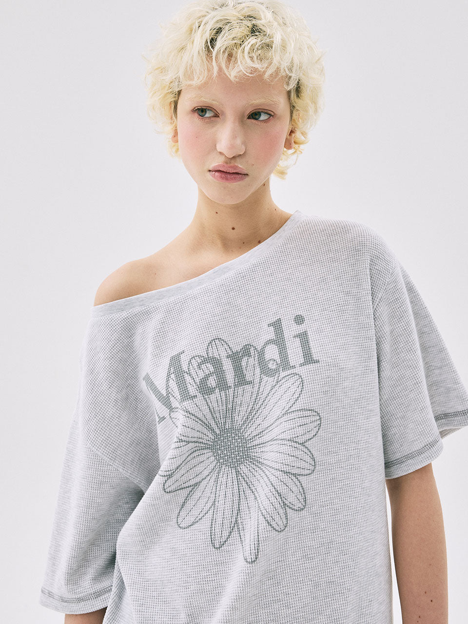 Mardi Mercredi - Waffle Tshirt Off Shoulder Flowermardi (Heather Grey) product image 1 | TRAB K-Fashion Australia