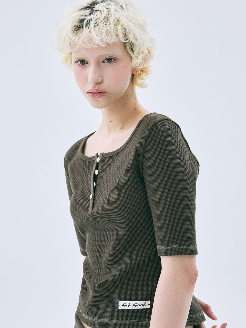 Mardi Mercredi - Waffle Slim Top Henley Neck Half Sleeve (Brown) product image 1 | TRAB K-Fashion Australia