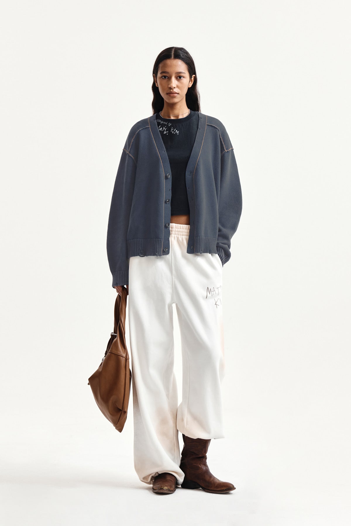 Matin Kim - Back Logo Line Point Knit Cardigan (Smoke Blue) product image 10 | TRAB K-Fashion Australia