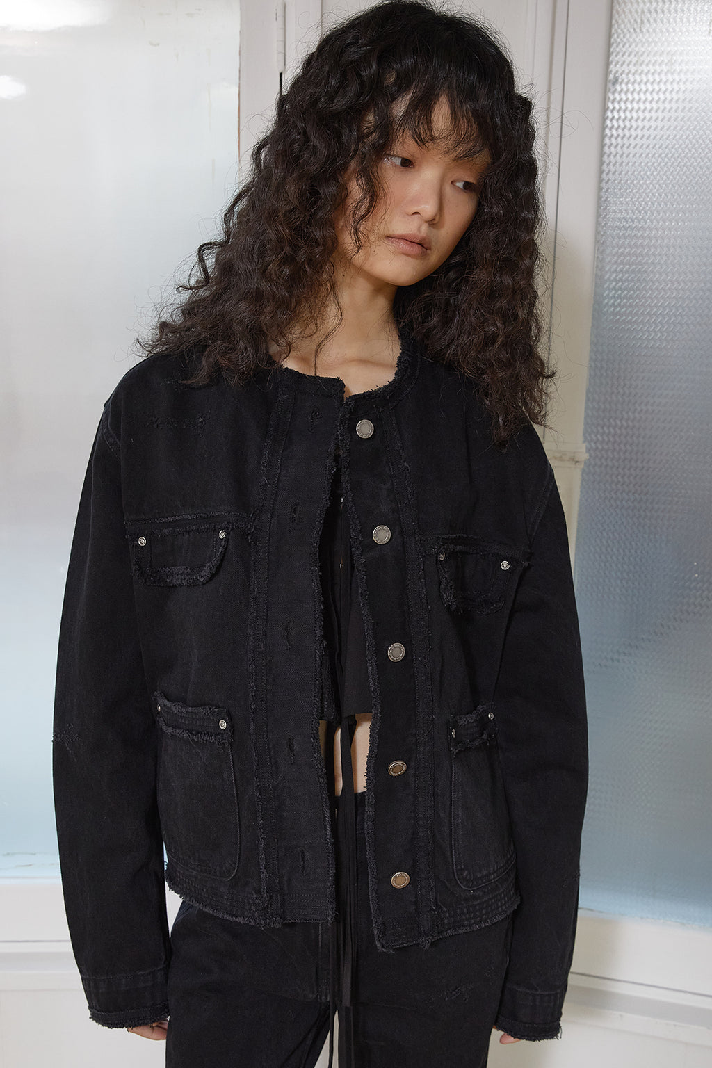 Matin Kim - Collarless Damage Denim Jacket (Black) product image 13 | TRAB K-Fashion Australia