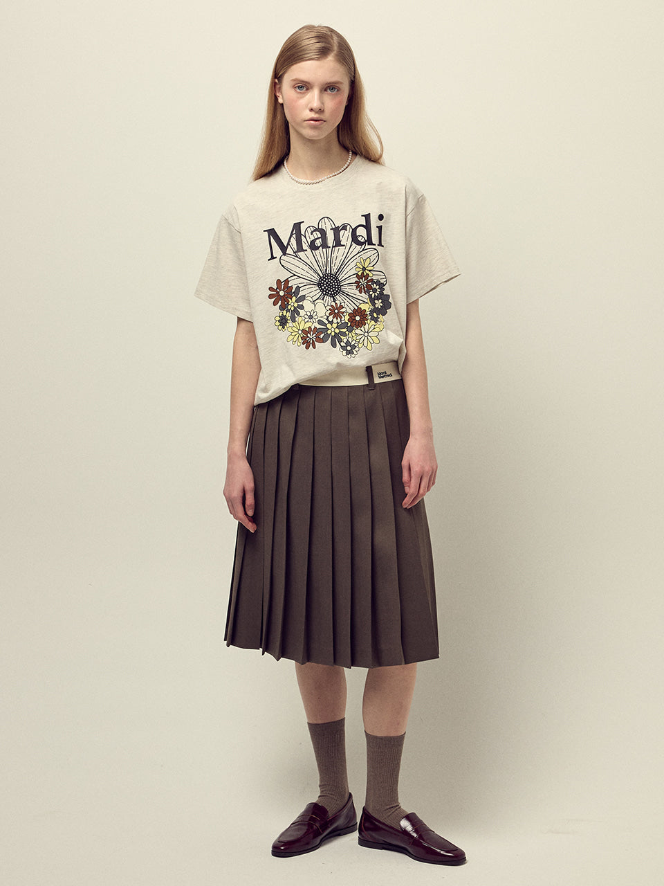 Mardi Mercredi スカート Mardi Mercredi - Wool Pleated Midi Skirt Contrast Waistband (Brown