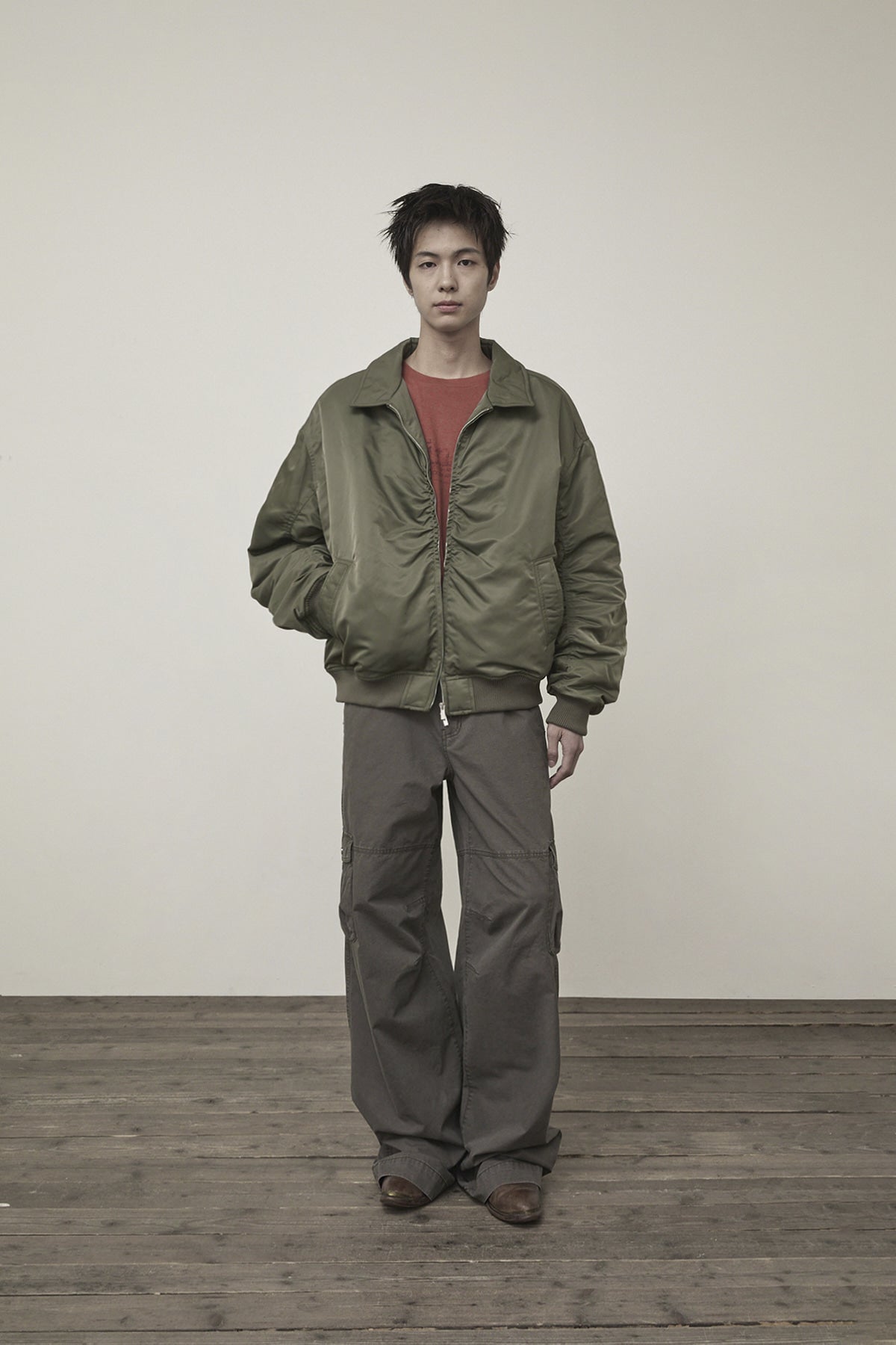 Matin Kim - Applique Logo Shirring Bomber Jumper (Khaki) product image 9 | TRAB K-Fashion Australia