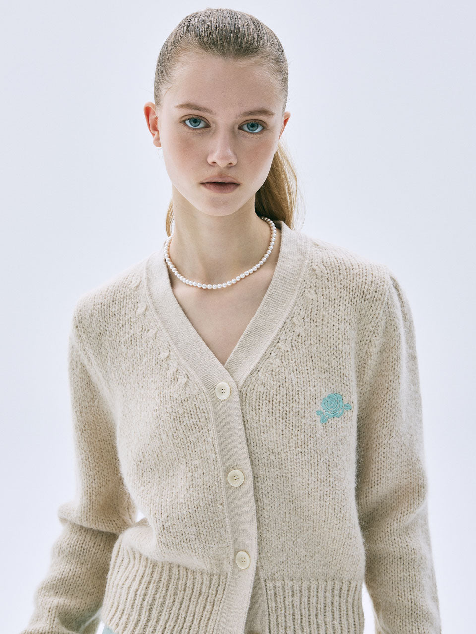 Mardi Mercredi - Cashmere Blended Cardigan Puff Sleeve (Ivory Mint) product image 1 | TRAB K-Fashion Australia