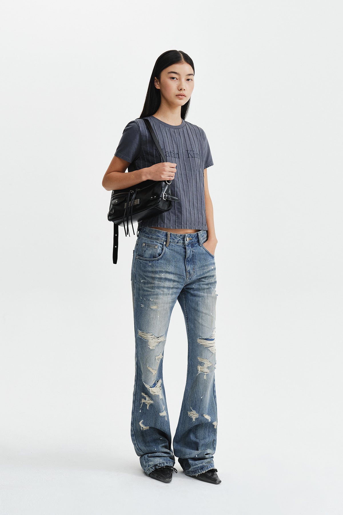 Matin Kim - Washed Logo Full Pintuck Top (Smoke Blue) product image 10 | TRAB K-Fashion Australia