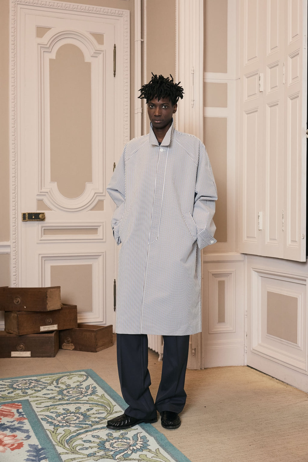 STU - Raglan Stripe Poplin Coat (White) product image 1 | TRAB K-Fashion Australia
