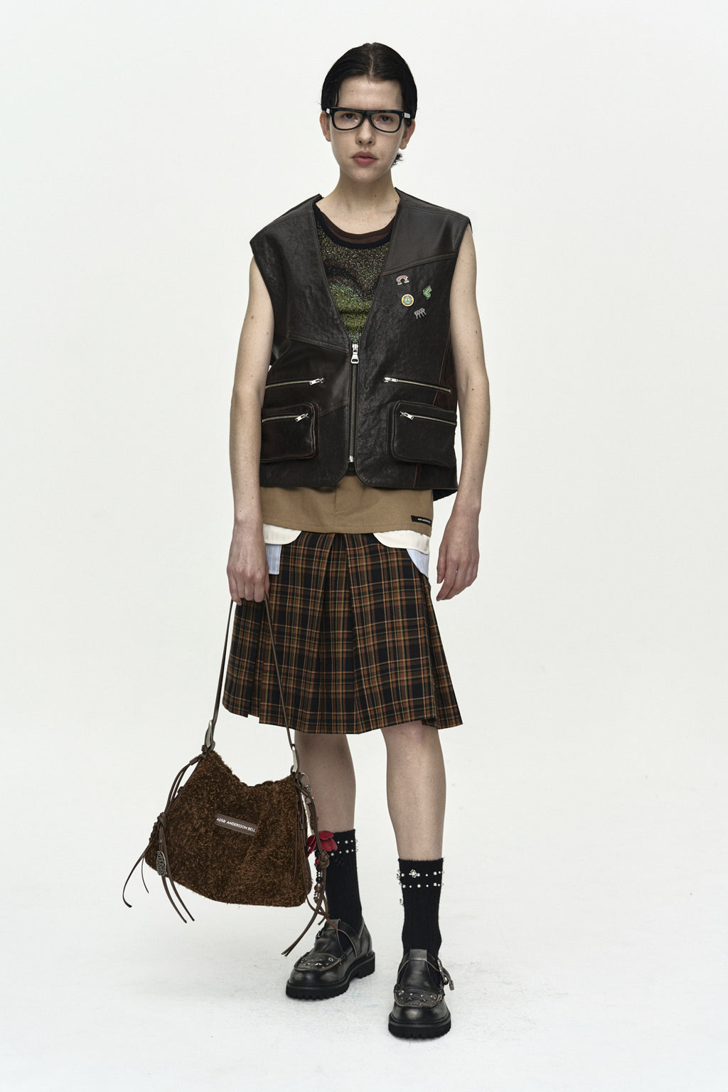 Andersson Bell - Back Knit Patchwork Leather Vest (Brown) product image 2 | TRAB K-Fashion Australia