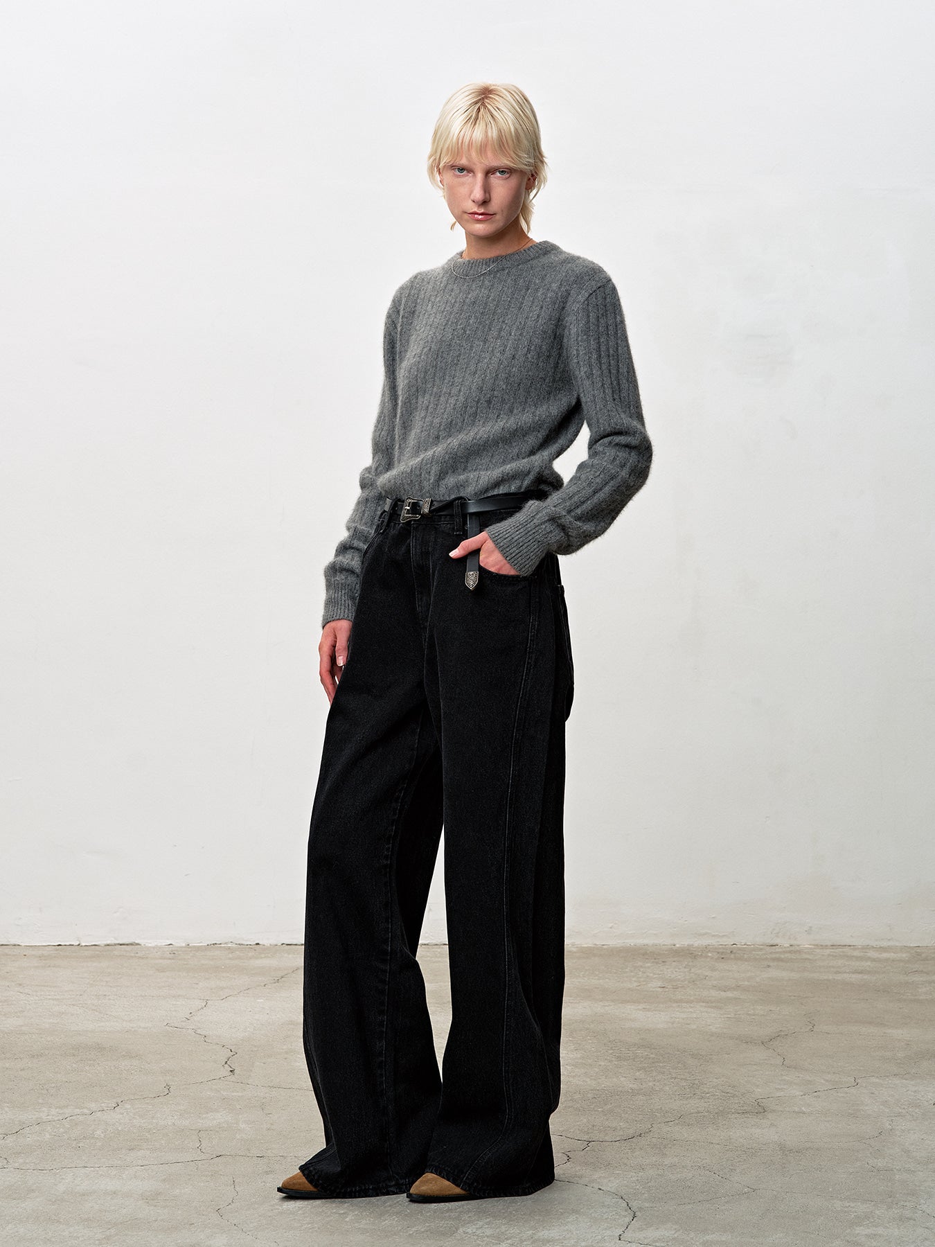 Tonywack - Superfine Merino Wool Tube Scarf Attaced Ribbed Sweater (Melange Grey) product image 2 | TRAB K-Fashion Australia