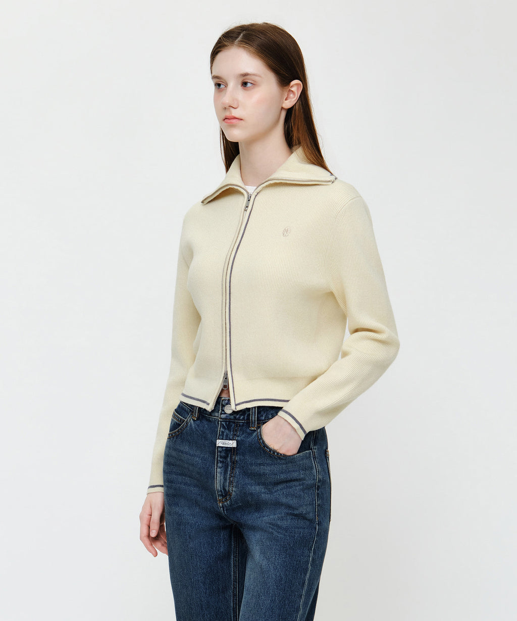 Marithe & Francois Girbaud - Big Collar Crop Zip-up Cardigan (Ivory) product image 2 | TRAB K-Fashion Australia