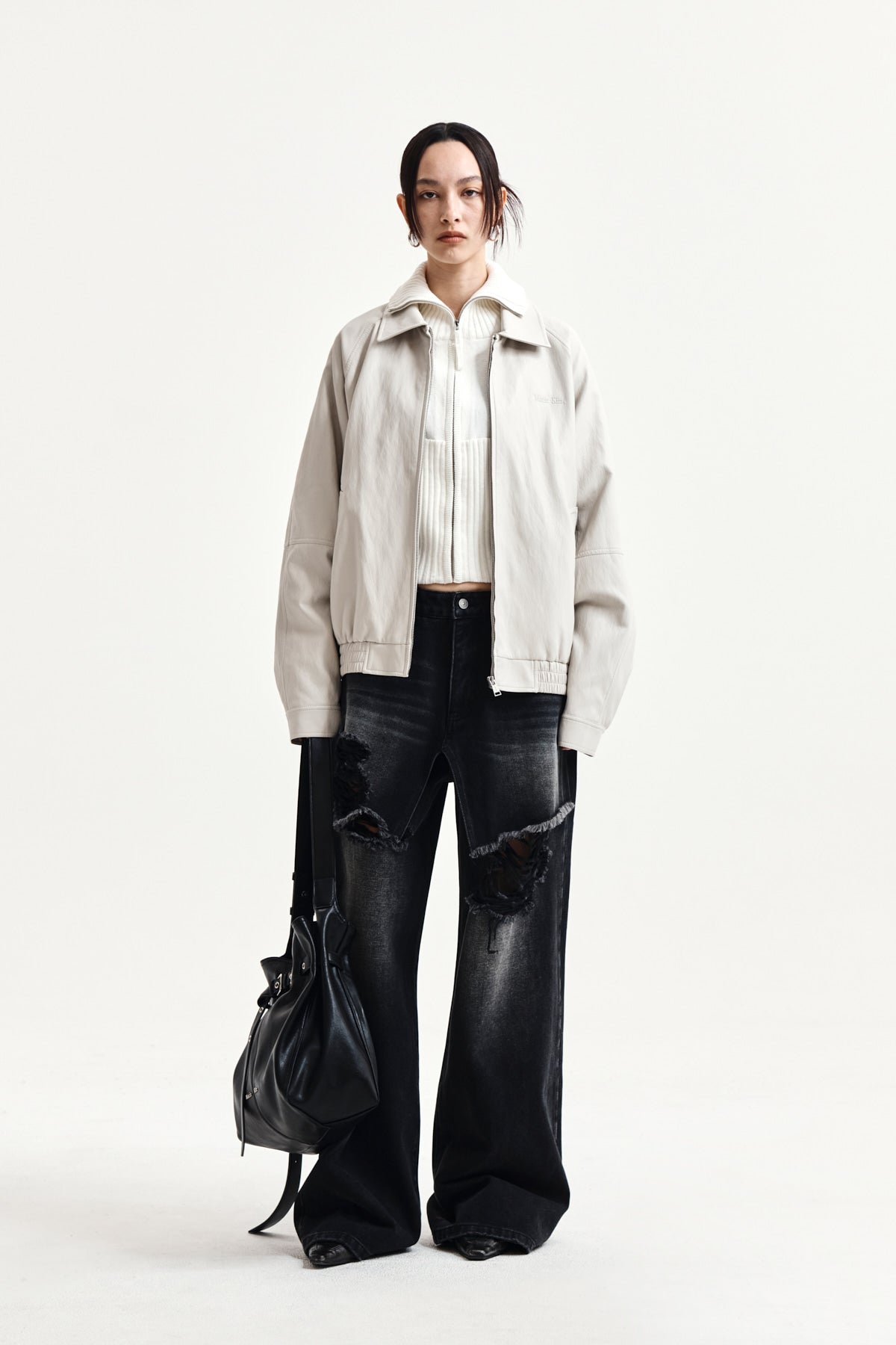 Matin Kim - Small Logo Faux Leather Zip Up Jumper (Light Grey) product image 9 | TRAB K-Fashion Australia
