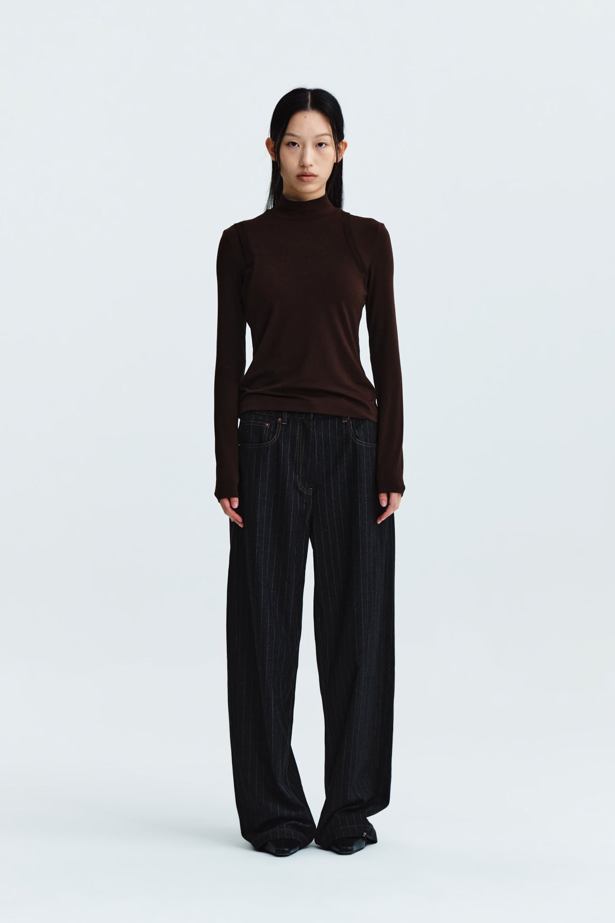 Matin Kim - Rib Layered Half Neck Long Sleeve Top (Brown) product image 6 | TRAB K-Fashion Australia