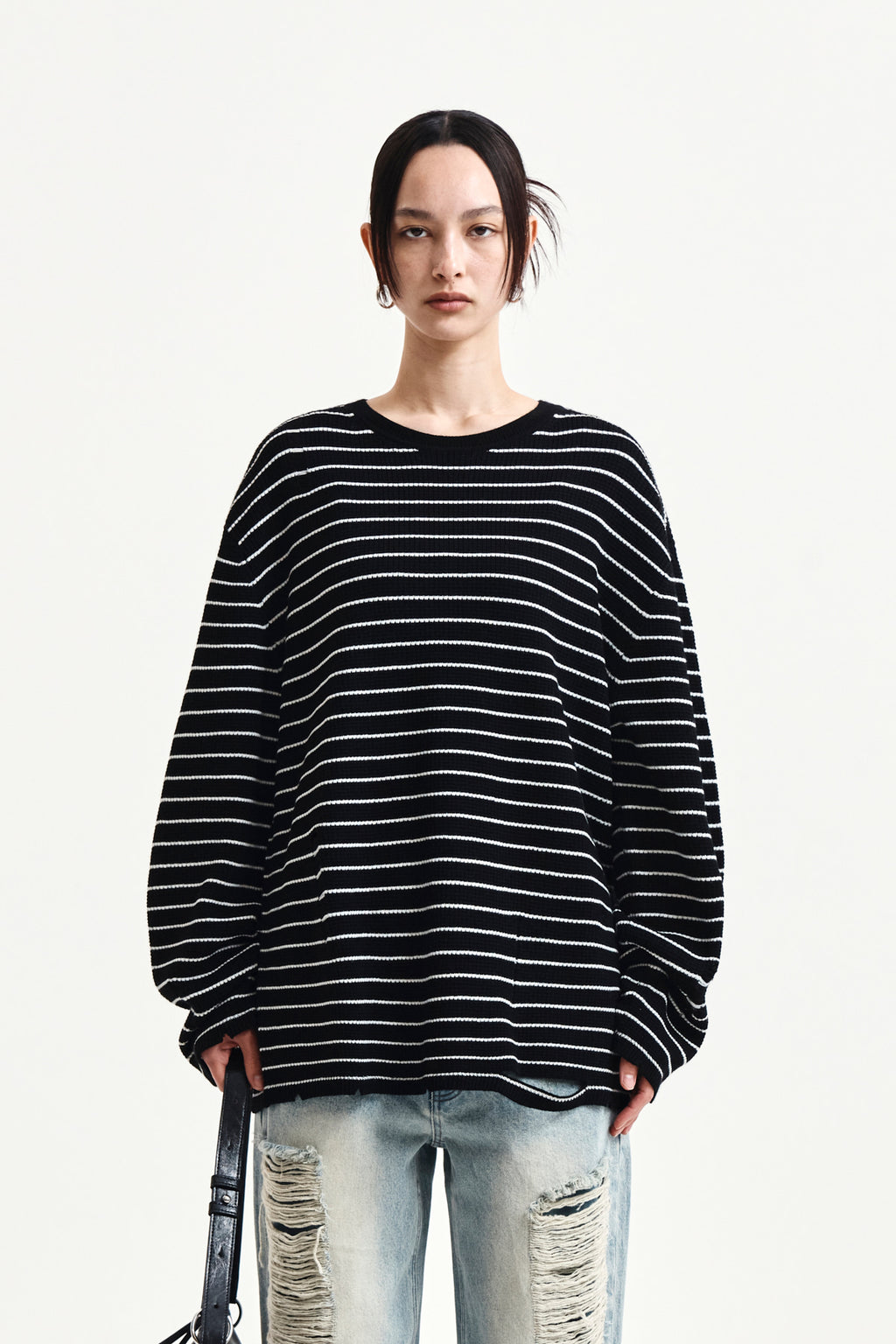Matin Kim - Stripe Damaged Loose Pullover (Black) product image 5 | TRAB K-Fashion Australia