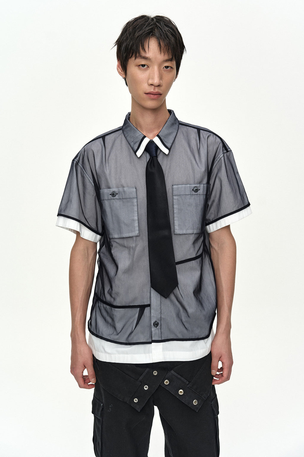 Andersson Bell - White Sheer Layered Shirt (White/Navy) product image 4 | TRAB K-Fashion Australia