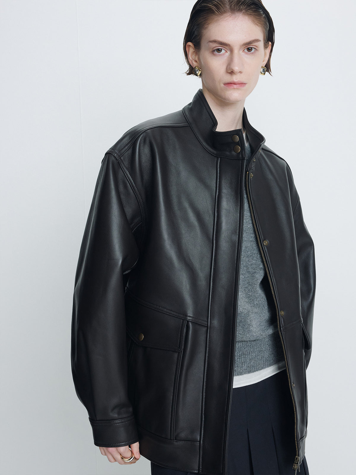Tonywack - High-Neck Leather Zip Jacket (Dark Brown) product image 7 | TRAB K-Fashion Australia