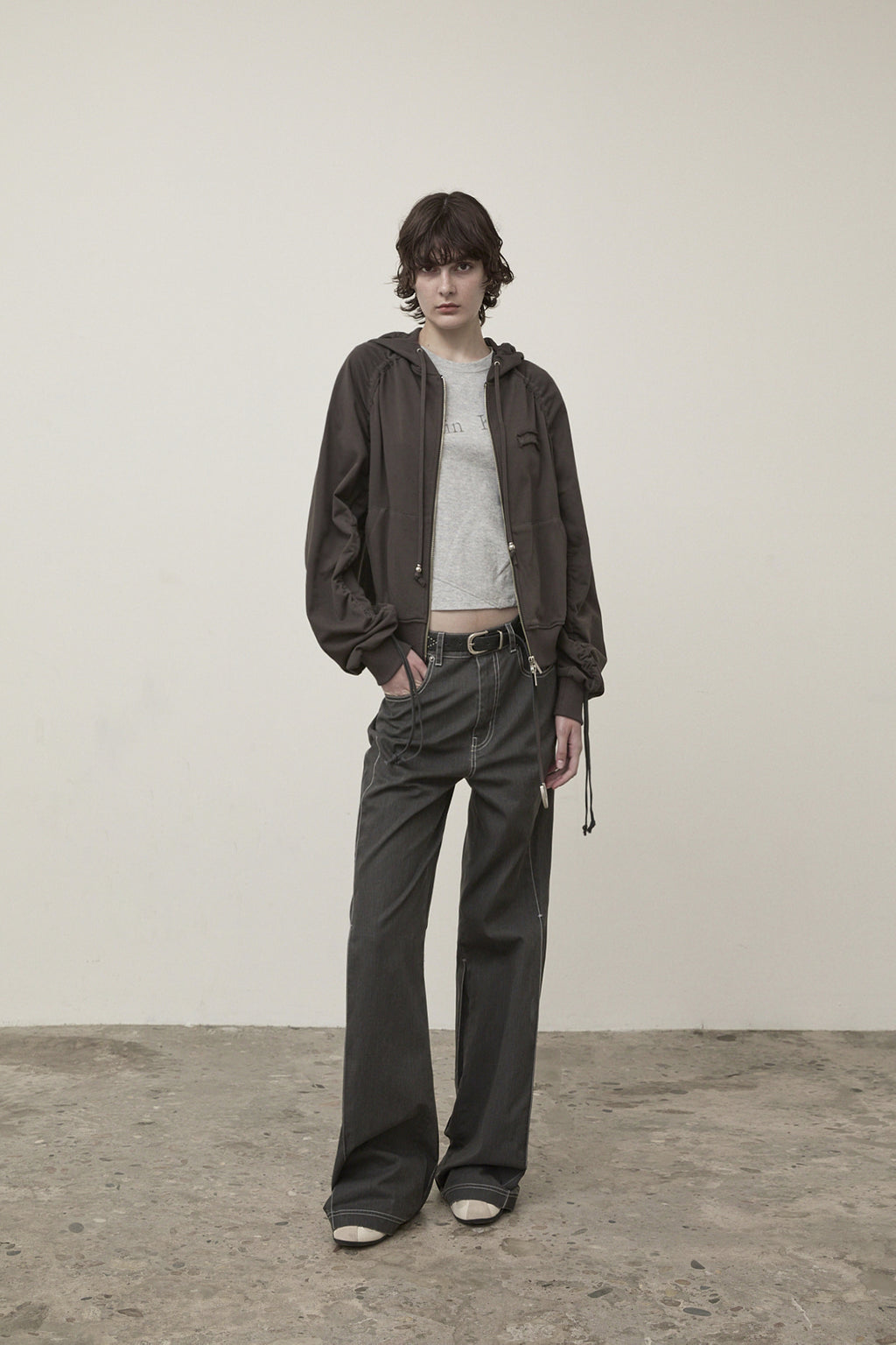 Matin Kim - Sleeve String Detail Hoody Zip Up (Charcoal) product image 13 | TRAB K-Fashion Australia