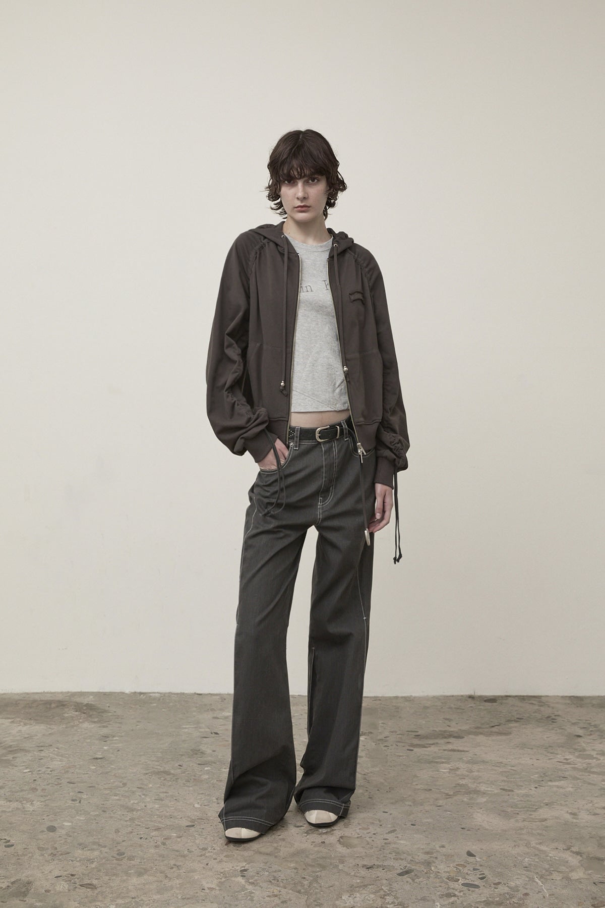 Matin Kim - Sleeve String Detail Hoody Zip Up (Charcoal) product image 13 | TRAB K-Fashion Australia