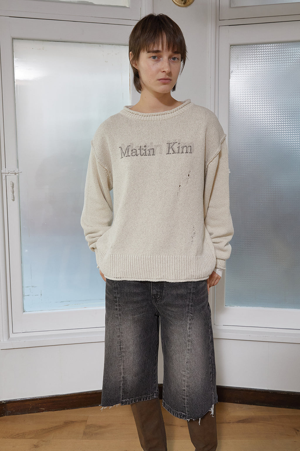 Matin Kim - Crack Logo Vintage Knit Pullover (Beige) product image 11 | TRAB K-Fashion Australia