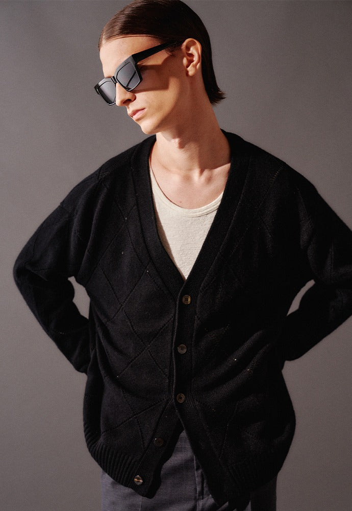 Tonywack - Slashed Argyle Cashmere Cardigan (Black) product image 1 | TRAB K-Fashion Australia