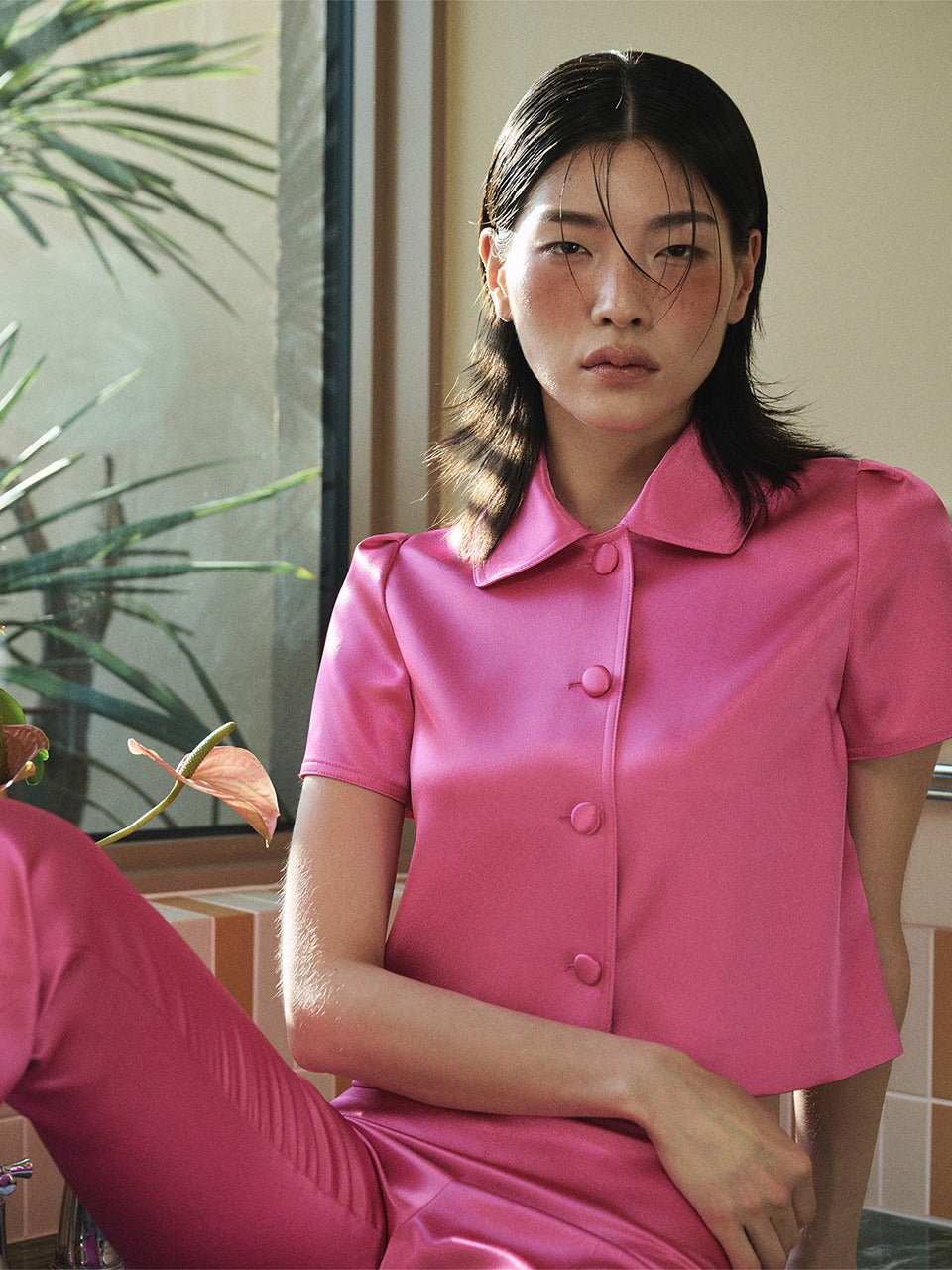 Mardi Mercredi - Satin Cropped Jacket Half Sleeve (Fuchsia) product image 1 | TRAB K-Fashion Australia