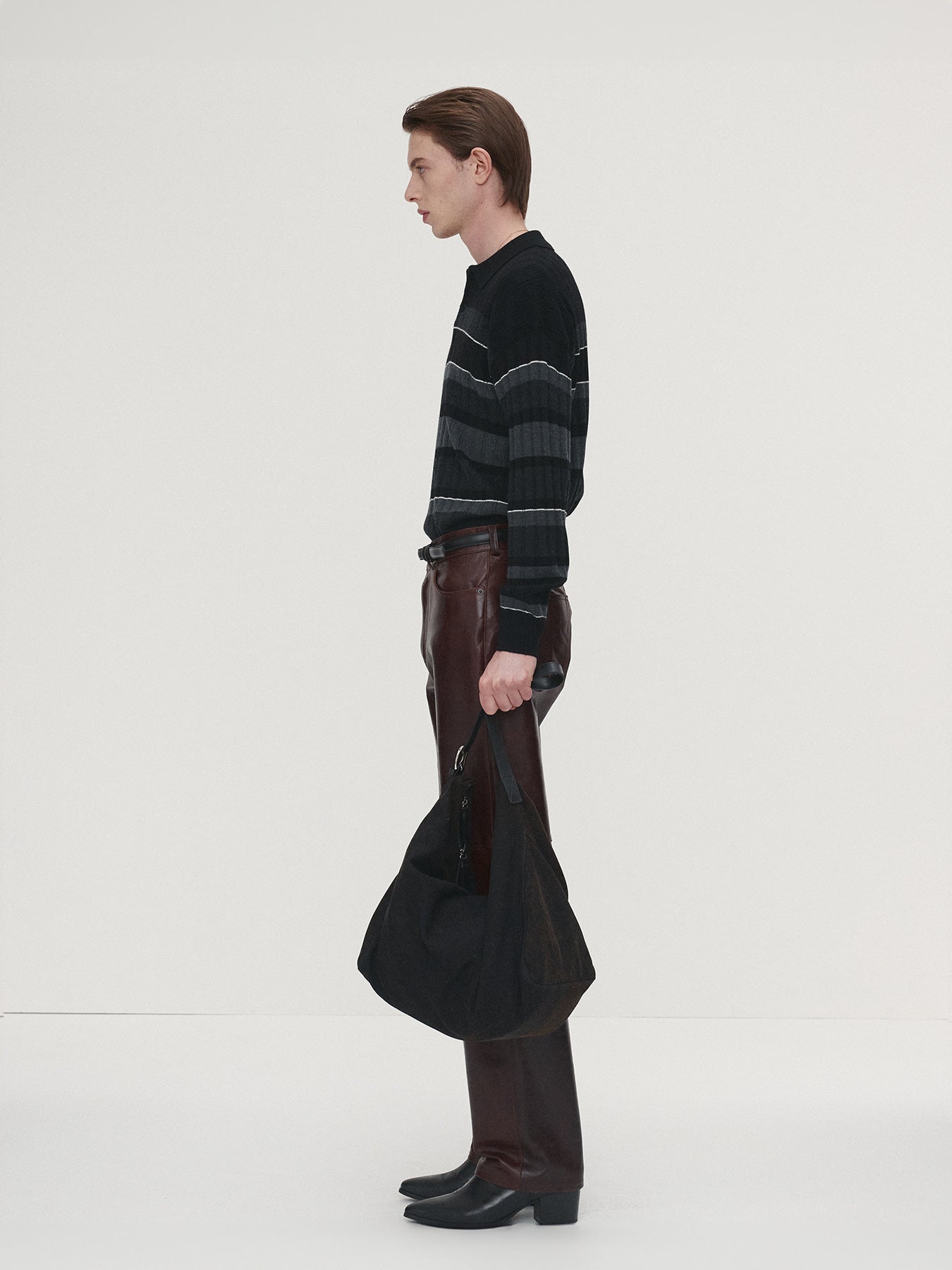 Tonywack - Super Fine Wool Ribbed Stripe Polo Knit (Black/Grey) product image 2 | TRAB K-Fashion Australia