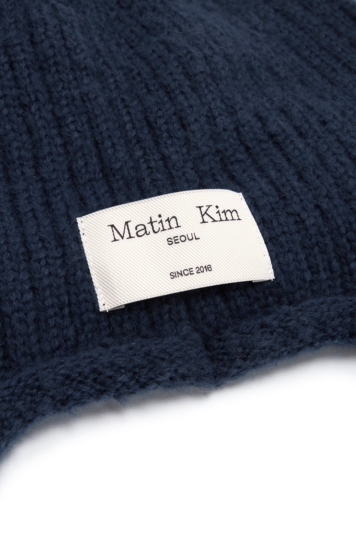Matin Kim - Label Point Cable Earflap Beanie (Navy) product image 3 | TRAB K-Fashion Australia