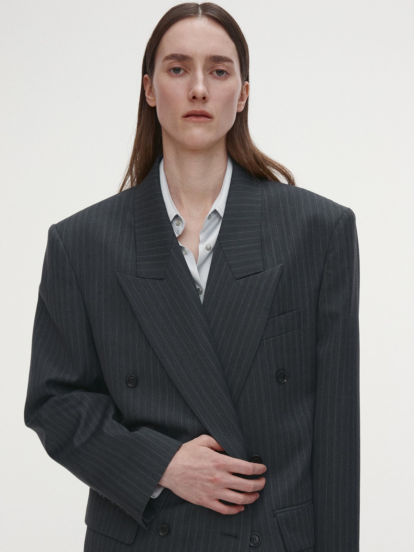 Tonywack - Striped Wool Oversized Double-Breasted Jacket (Grey Pinstripe) product image 5 | TRAB K-Fashion Australia