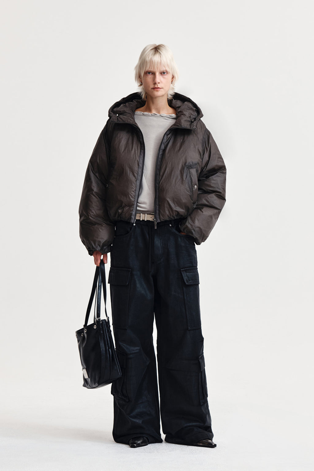 Matin Kim - Back Logo Hoody Short Down Jumper (Charcoal) product image 9 | TRAB K-Fashion Australia