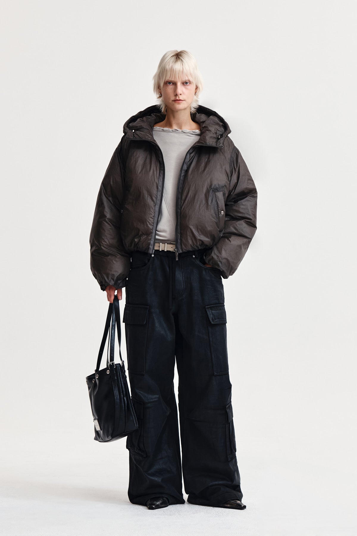 Matin Kim - Back Logo Hoody Short Down Jumper (Charcoal) product image 9 | TRAB K-Fashion Australia