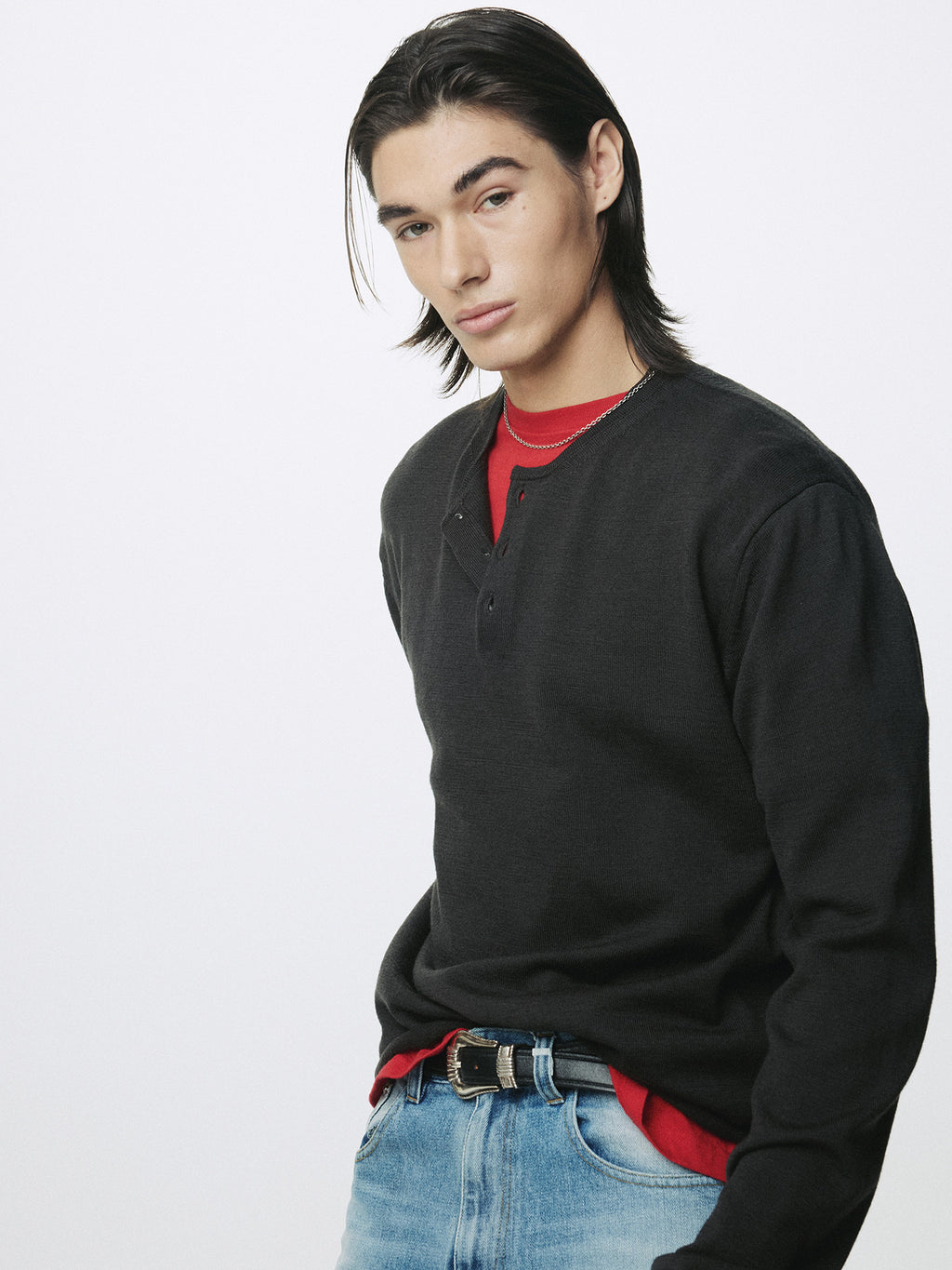 Tonywack - Extra Fine Wool Raw Hem Henley Neck Knit (Anthracite) product image 6 | TRAB K-Fashion Australia