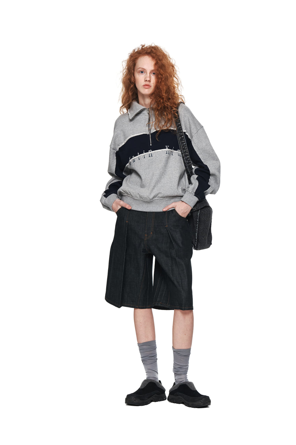 Matin Kim - Cutted Logo Half Zip Sweatshirt (Grey) product image 9 | TRAB K-Fashion Australia