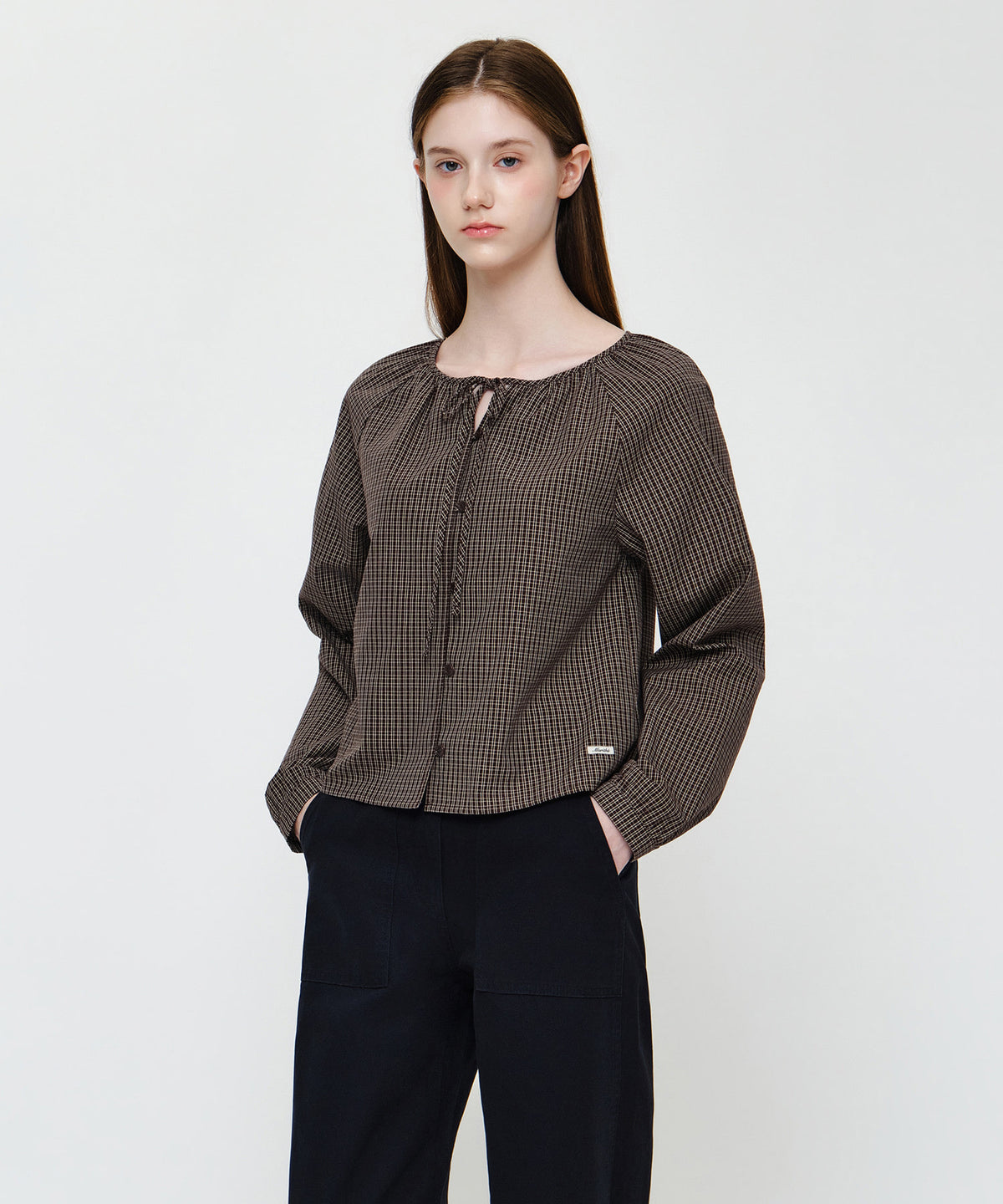 Marithe & Francois Girbaud - Check Ribbon Crop Blouse (Brown) product image 2 | TRAB K-Fashion Australia
