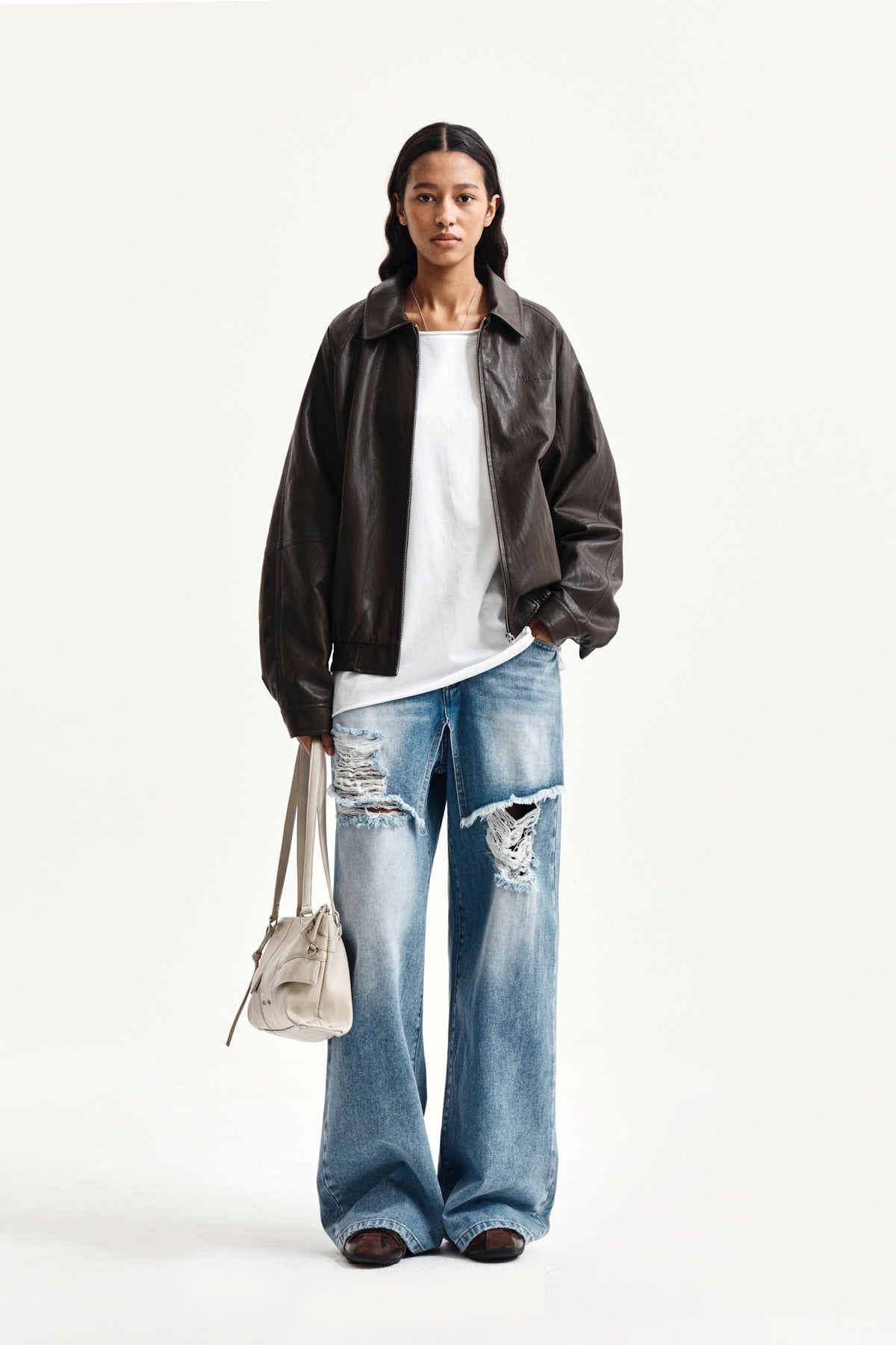 Matin Kim - Small Logo Faux Leather Zip Up Jumper (Brown) product image 9 | TRAB K-Fashion Australia