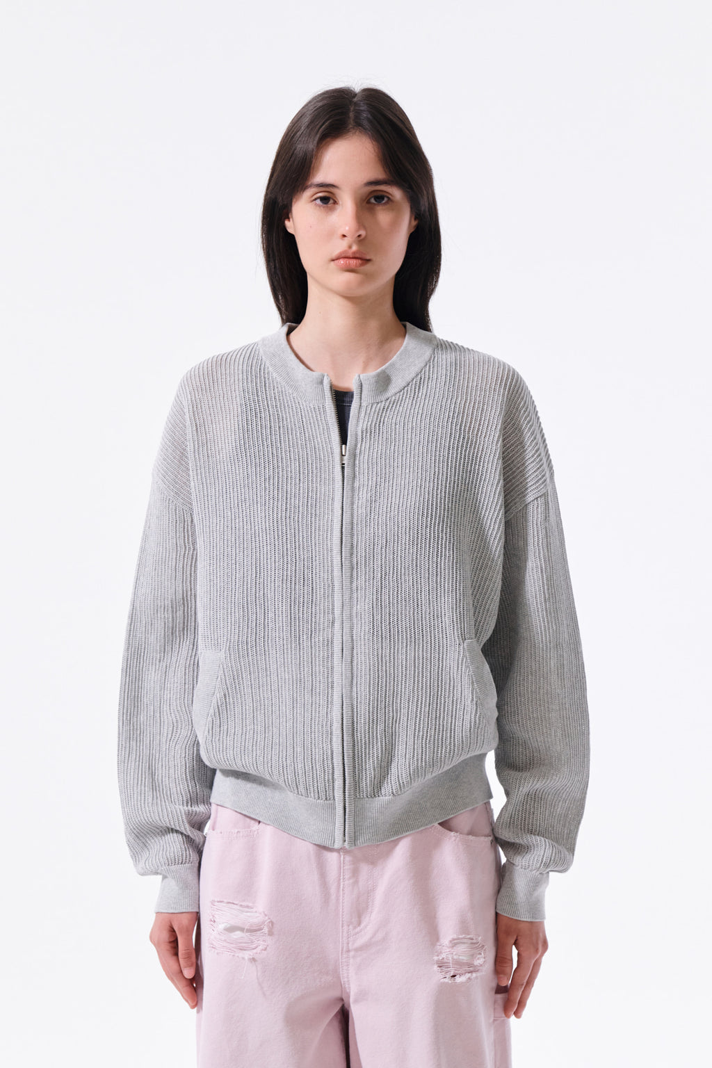 Matin Kim - Back Logo Jacquard Mesh Knit Zip Up (Light Grey) product image 6 | TRAB K-Fashion Australia