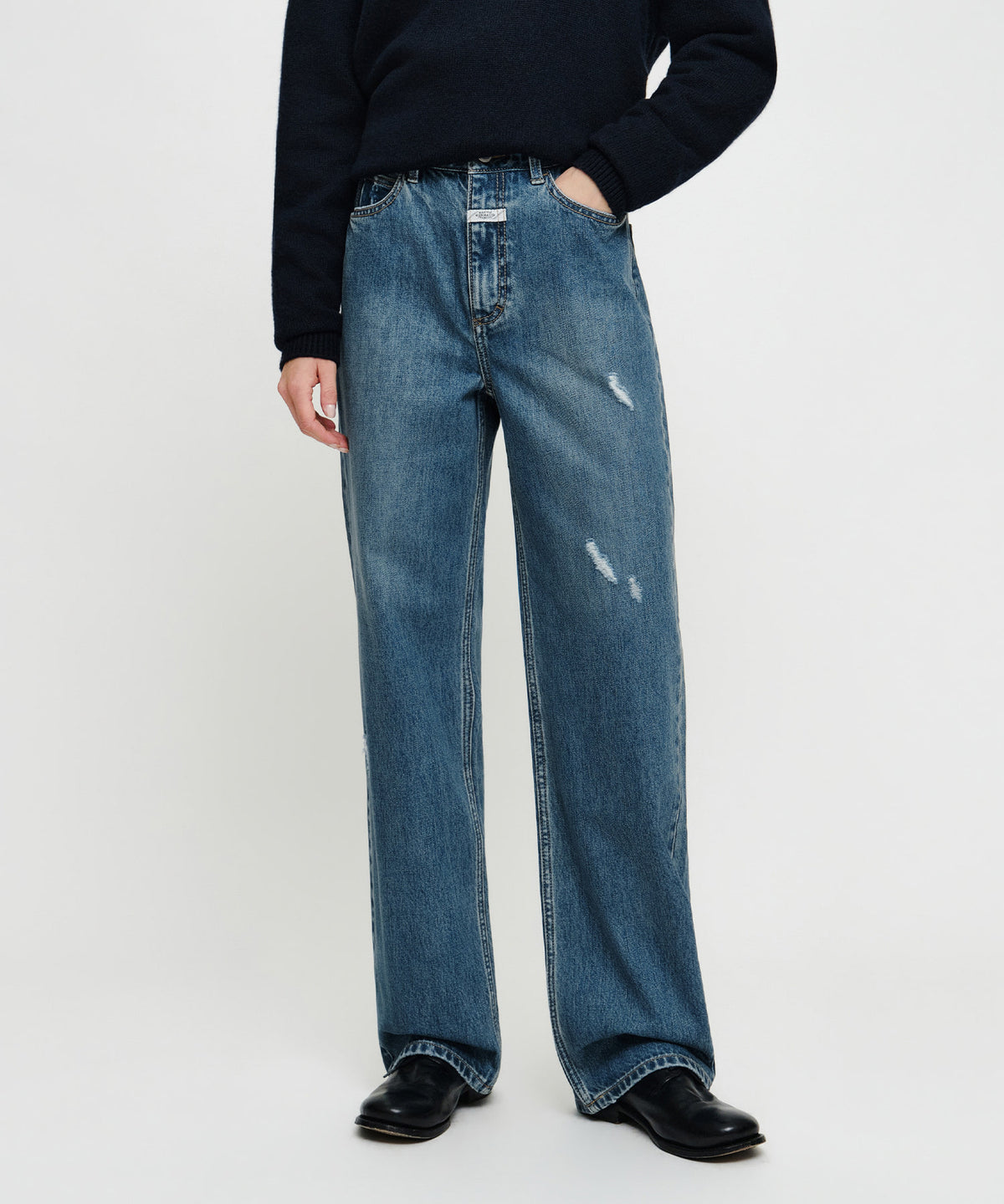 Marithe & Francois Girbaud - [Pre-order – Ships 19 Oct] Straight Damaged Slub Melange Denim Pants (Blue) product image 1 | TRAB K-Fashion Australia