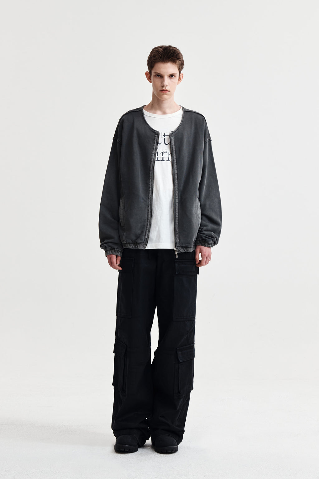 Matin Kim - Pigment Dyed Collarless Zip Up Jumper (Charcoal) product image 9 | TRAB K-Fashion Australia