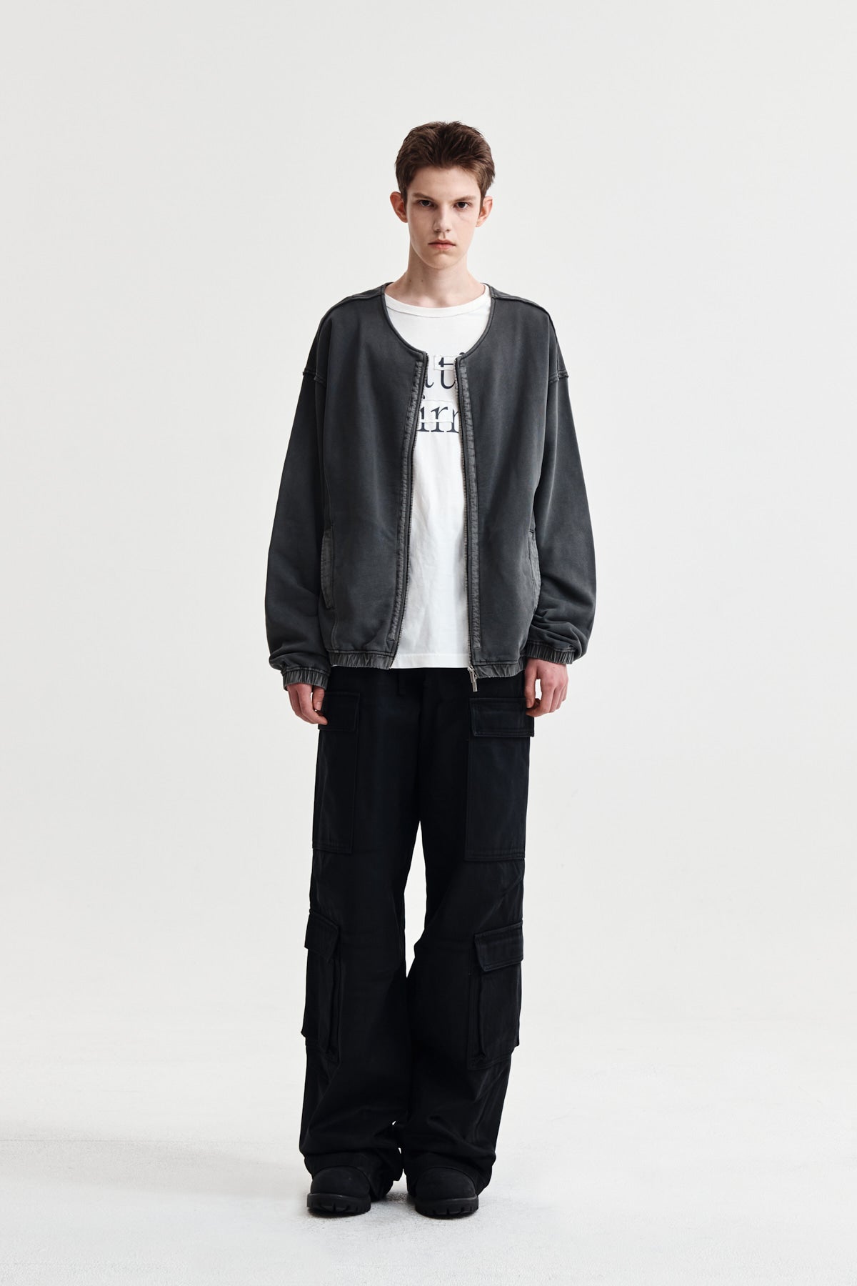 Matin Kim - Pigment Dyed Collarless Zip Up Jumper (Charcoal) product image 9 | TRAB K-Fashion Australia