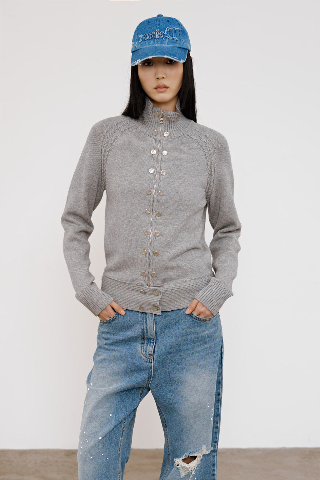 Deinet - High-Neck Stud Knit Outer (Melange Grey) product image 7 | TRAB K-Fashion Australia
