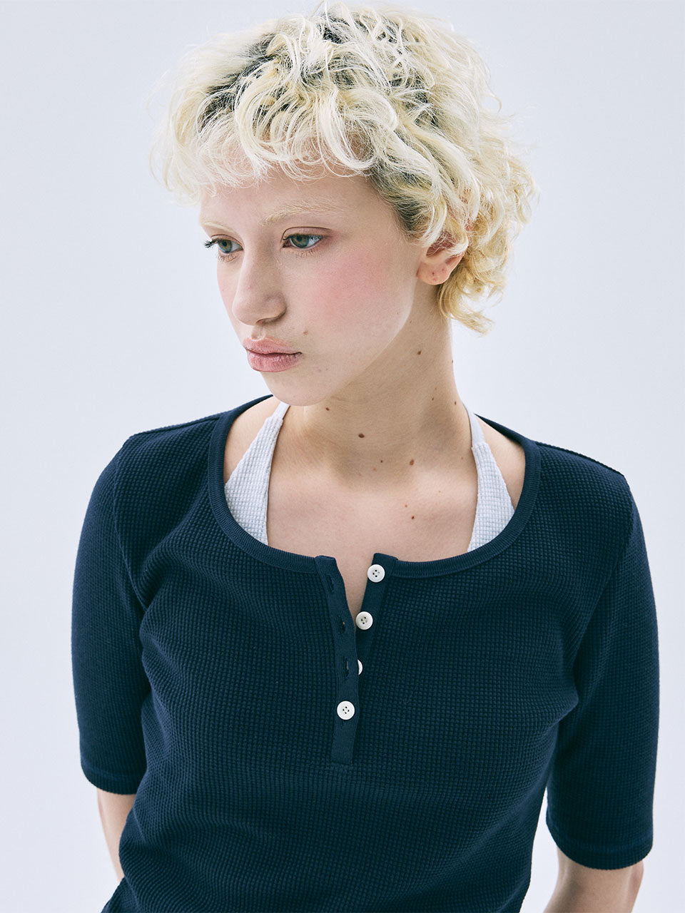 Mardi Mercredi - Waffle Slim Top Henley Neck Half Sleeve (Navy) product image 1 | TRAB K-Fashion Australia