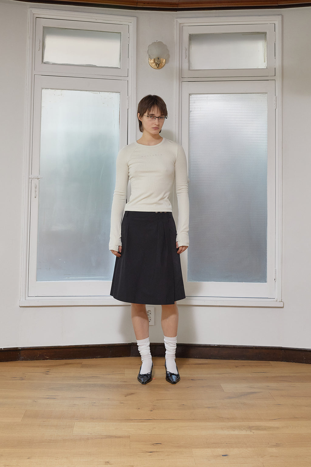 Matin Kim - Finger Hole Logo Printing Top (Light Beige) product image 9 | TRAB K-Fashion Australia