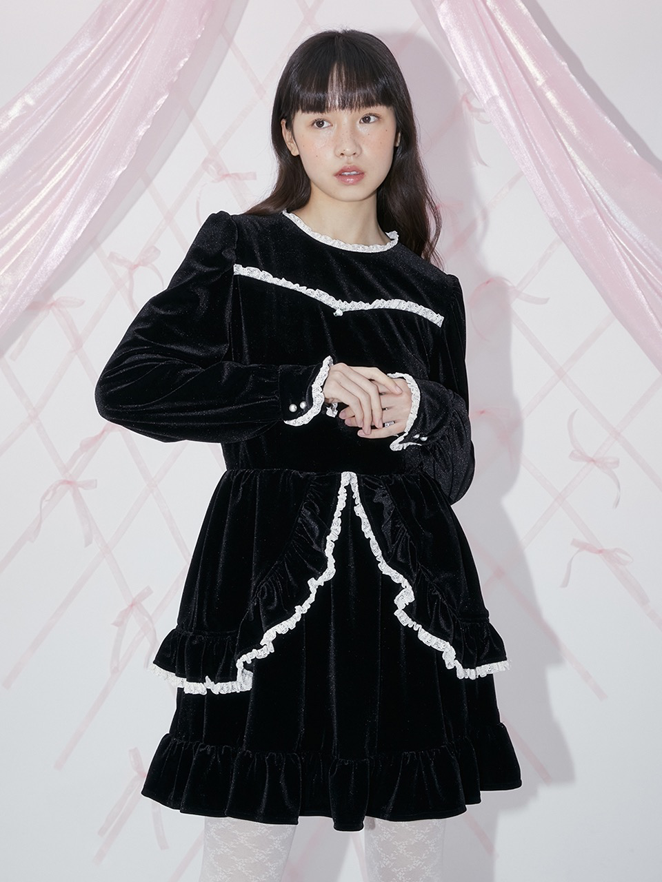 Margarin Fingers - Frill Velvet One-Piece (Black) product image 1 | TRAB K-Fashion Australia