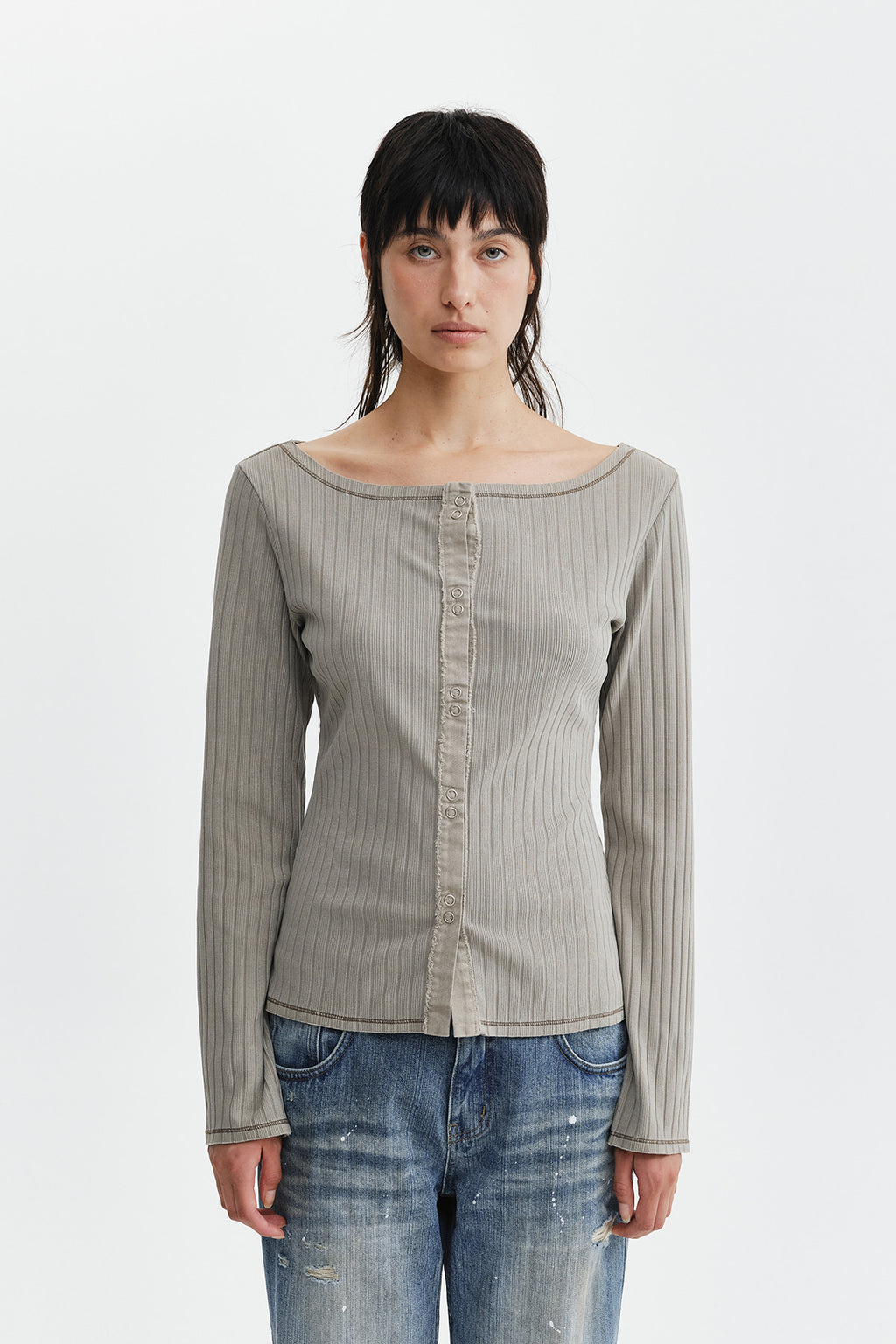 Matin Kim - Vintage Washed Ribbed Snap Top (Light Khaki) product image 11 | TRAB K-Fashion Australia