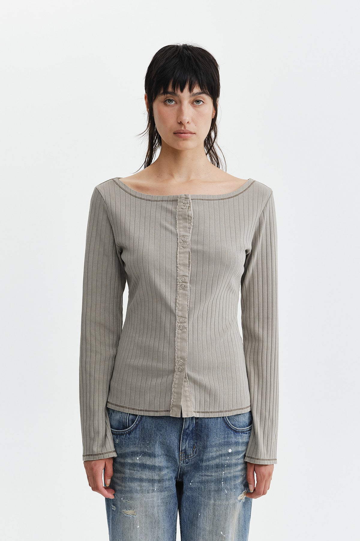 Matin Kim - Vintage Washed Ribbed Snap Top (Light Khaki) product image 11 | TRAB K-Fashion Australia