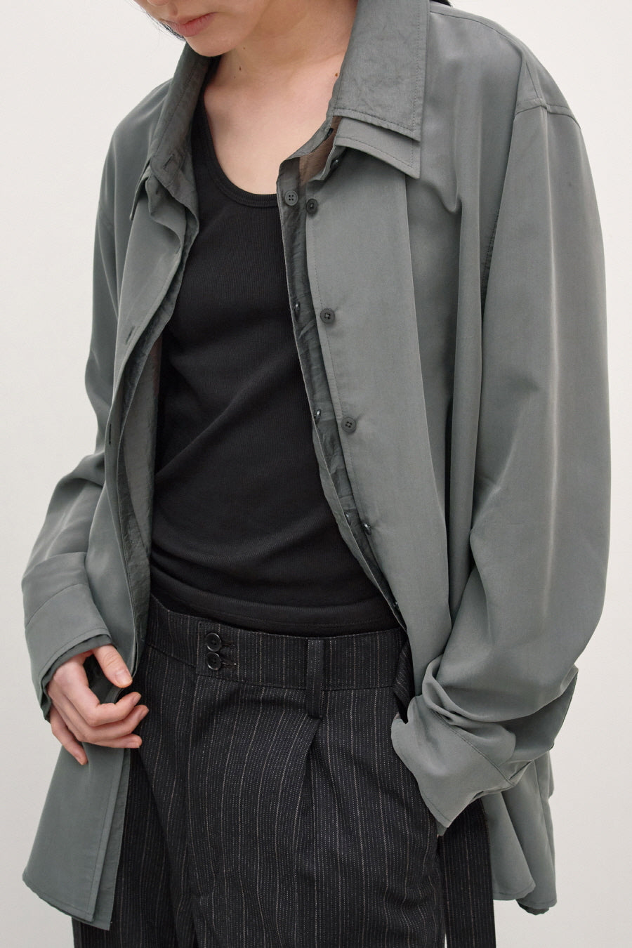 Insilence - Layered Overfit Shirt (Ash Khaki) product image 2 | TRAB K-Fashion Australia