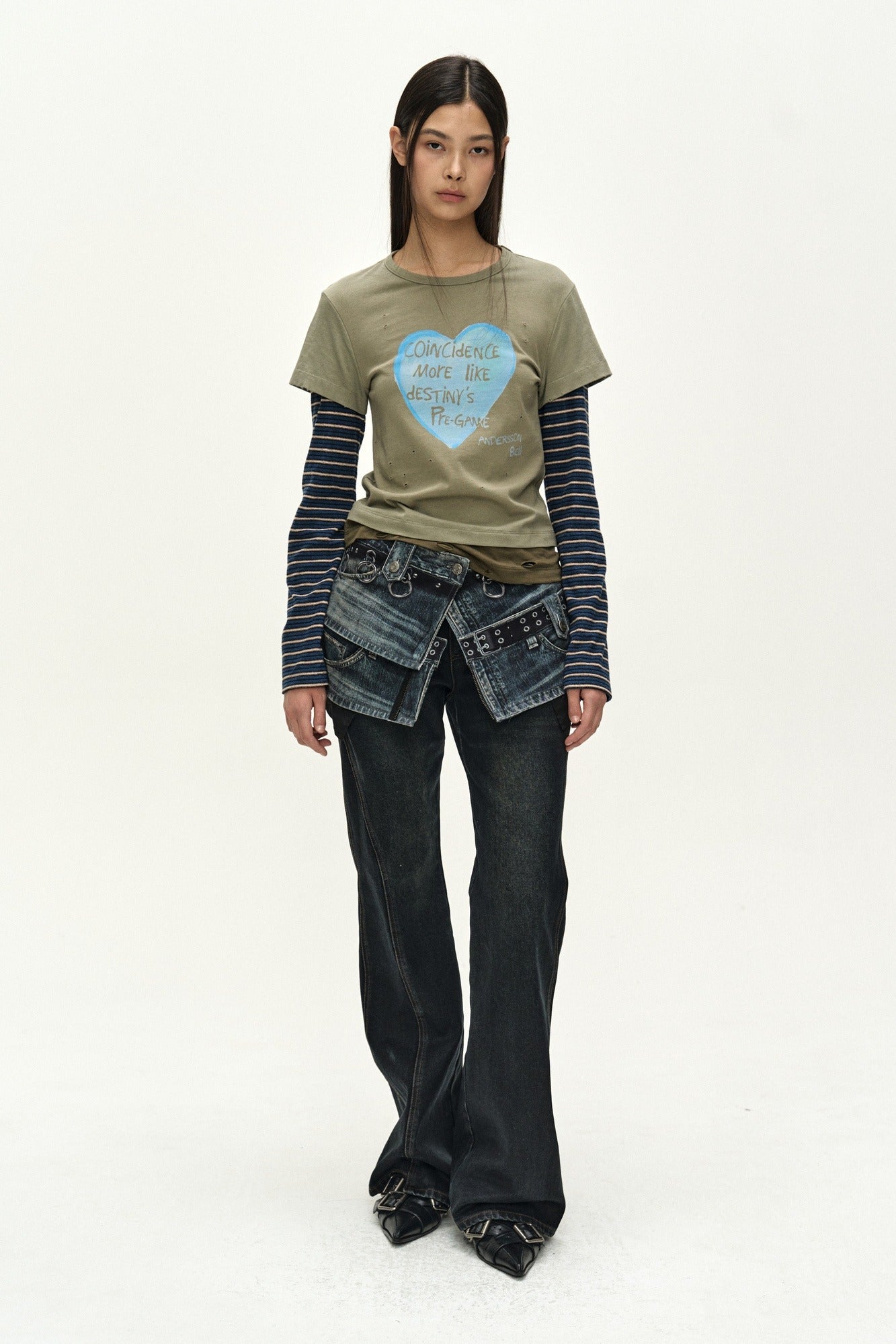 Andersson Bell - Layered Heart Message Long Sleeve T-Shirt (khaki) (Khaki) product image 1 | TRAB K-Fashion Australia