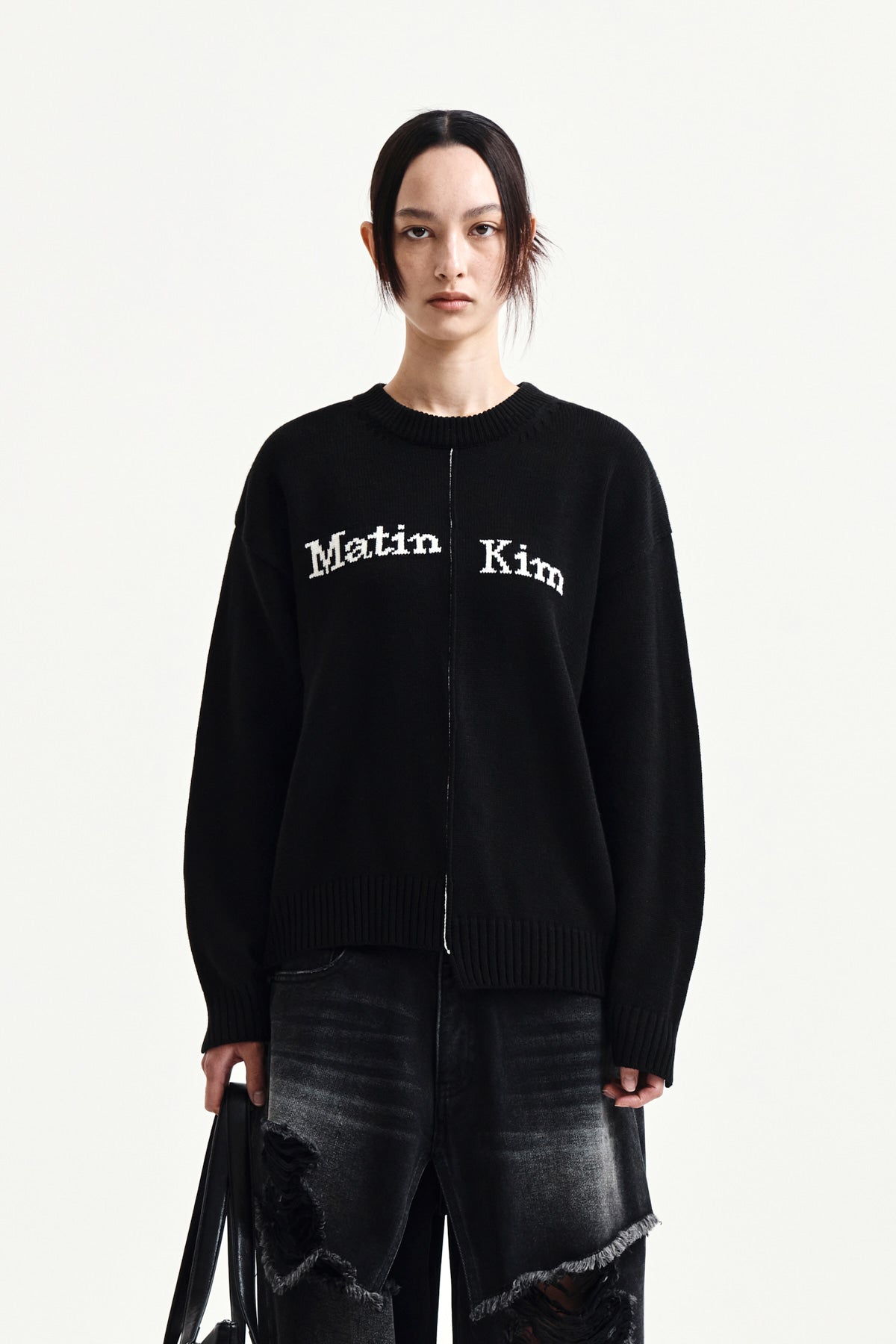 Matin Kim - Asymmetric Logo Knit Pullover (Black) product image 15 | TRAB K-Fashion Australia