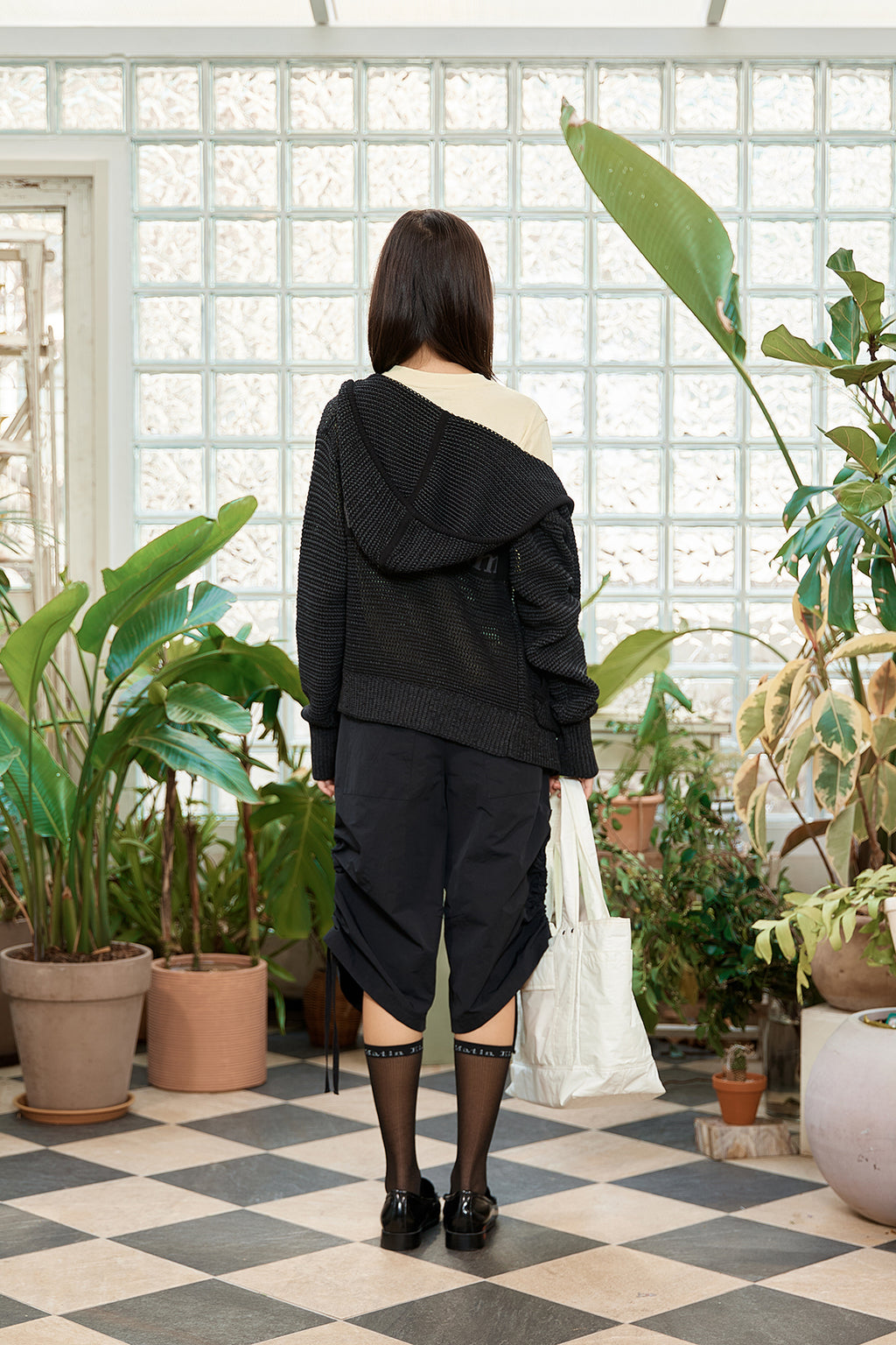 Matin Kim - Two Tone Mesh Knit Hoody Zip Up (Black) product image 8 | TRAB K-Fashion Australia